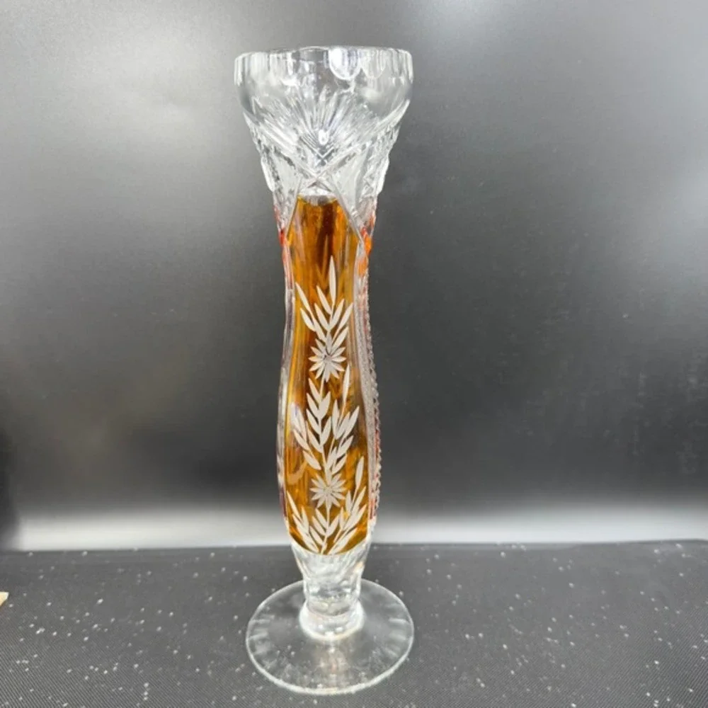 Vintage Bohemian Glass Amber‎ Cut to Clear Crystal Bud Vase Floral Wheat Pattern